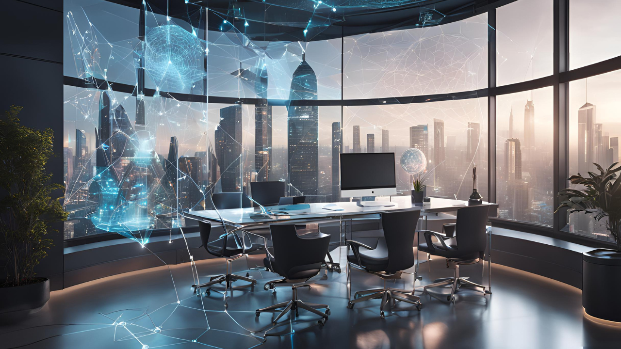 Futuristic corporate office with glowing holographic legal documents and compliance symbols hovering over a sleek glass table, set against a cityscape featuring justice statues under a dynamic sky.