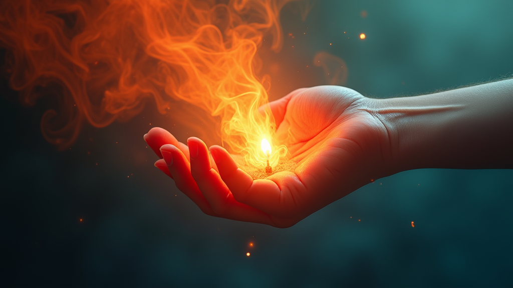 A glowing, translucent hand gently extinguishing a small flame amid a transition from chaotic red and orange swirls to calm blue and green gradients, symbolizing conflict resolution and harmony restoration