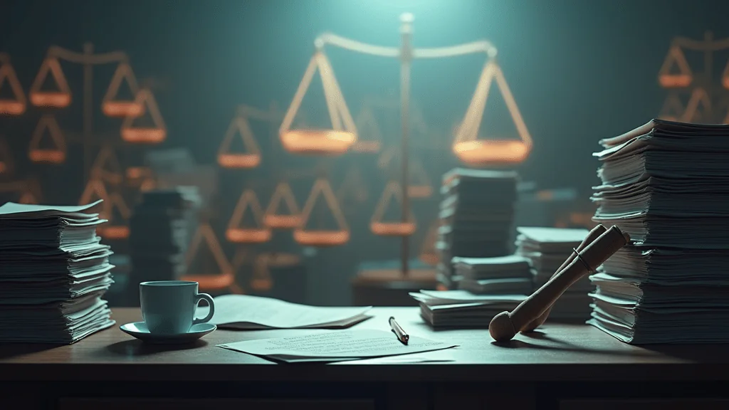 A neglected complaint file on a desk transforming into towering, glowing legal documents in the background, symbolizing escalating legal disputes. The scene includes detailed foreground items like papers, pens, and a coffee cup, with surreal justice symbols in the background.