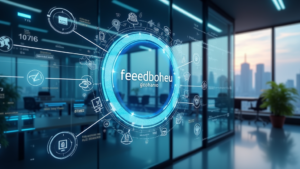 A company representative explains a transparent complaint process to a client using a tablet, set in a clean, professional office with soft lighting and a large glass window.