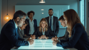 A distressed employee sits at a desk in a modern office setting, while a supervisor offers empathetic support, creating a scene that highlights a trauma-sensitive workplace environment.