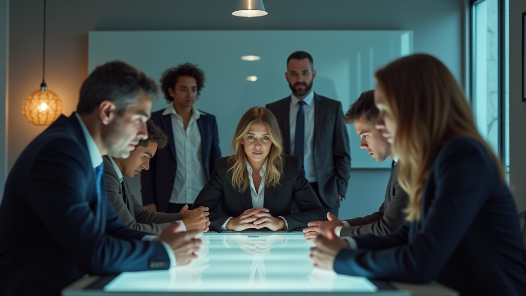 A distressed employee sits at a desk in a modern office setting, while a supervisor offers empathetic support, creating a scene that highlights a trauma-sensitive workplace environment.
