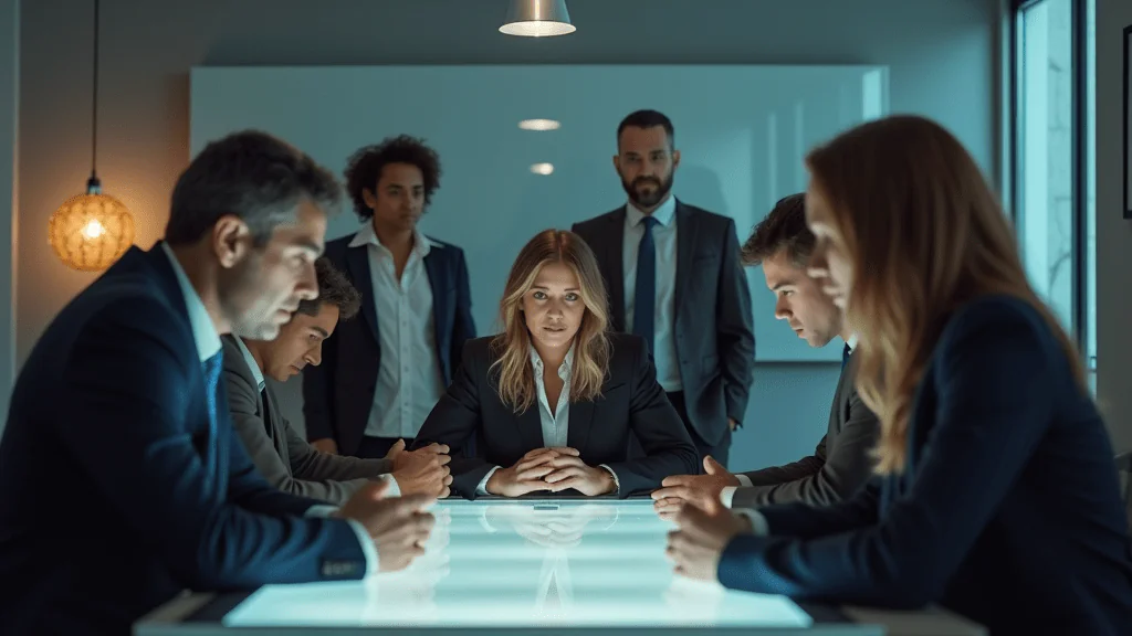 A distressed employee sits at a desk in a modern office setting, while a supervisor offers empathetic support, creating a scene that highlights a trauma-sensitive workplace environment.