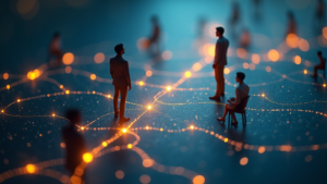 A surreal, abstract illustration of a workplace mediator analyzing a glowing flowchart of connections and network nodes, symbolizing root cause analysis and strategic problem-solving in conflict resolution.