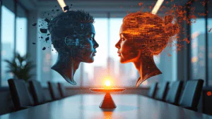 An abstract digital concept art depicting a workplace mediator facilitating a conversation between two employees. Glowing lines connect all three figures, symbolizing communication and understanding, with a harmonious blend of cool blues and warm golds in the background.