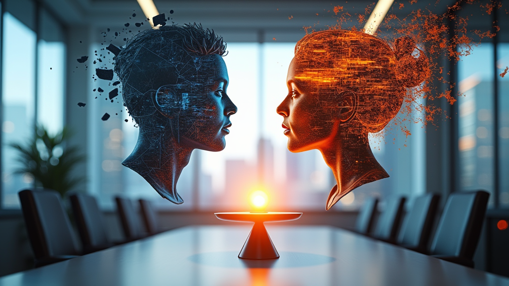 An abstract digital concept art depicting a workplace mediator facilitating a conversation between two employees. Glowing lines connect all three figures, symbolizing communication and understanding, with a harmonious blend of cool blues and warm golds in the background.