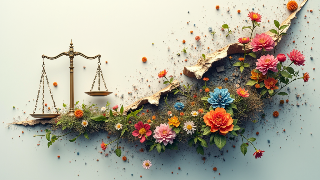An abstract visual of a shattered legal document transforming into blooming flowers and thriving organizational structures, symbolizing growth and positive change from legal challenges.